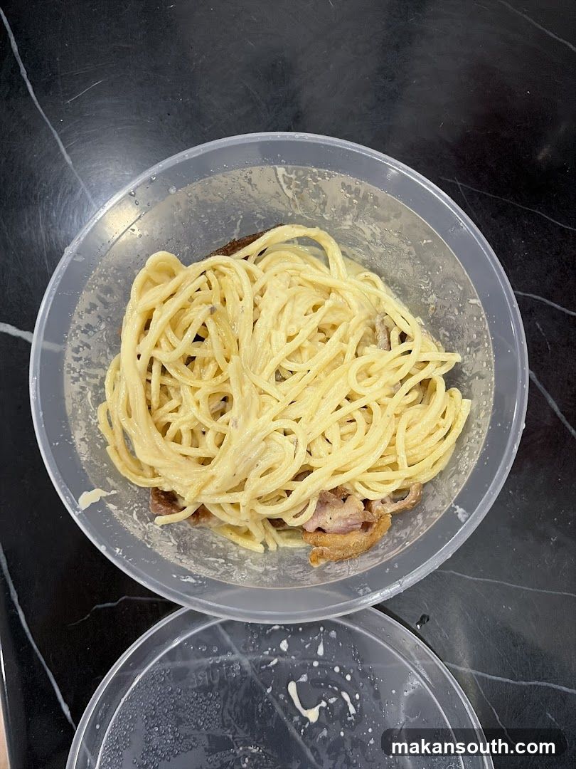 Spaghetti Carbonara in a Takeaway Container
