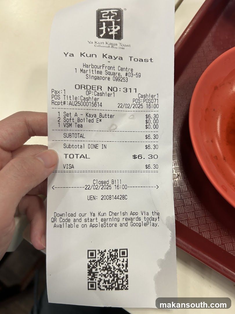 Receipt from Ya Kun Kaya Toast