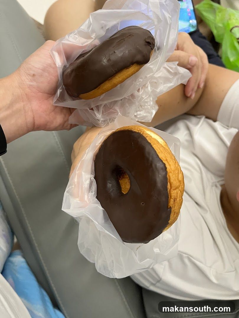 Two chocolate-frosted donuts