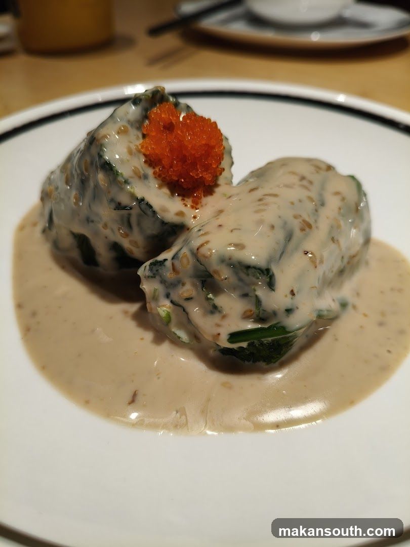 Rolled Greens with Sauce and Roe