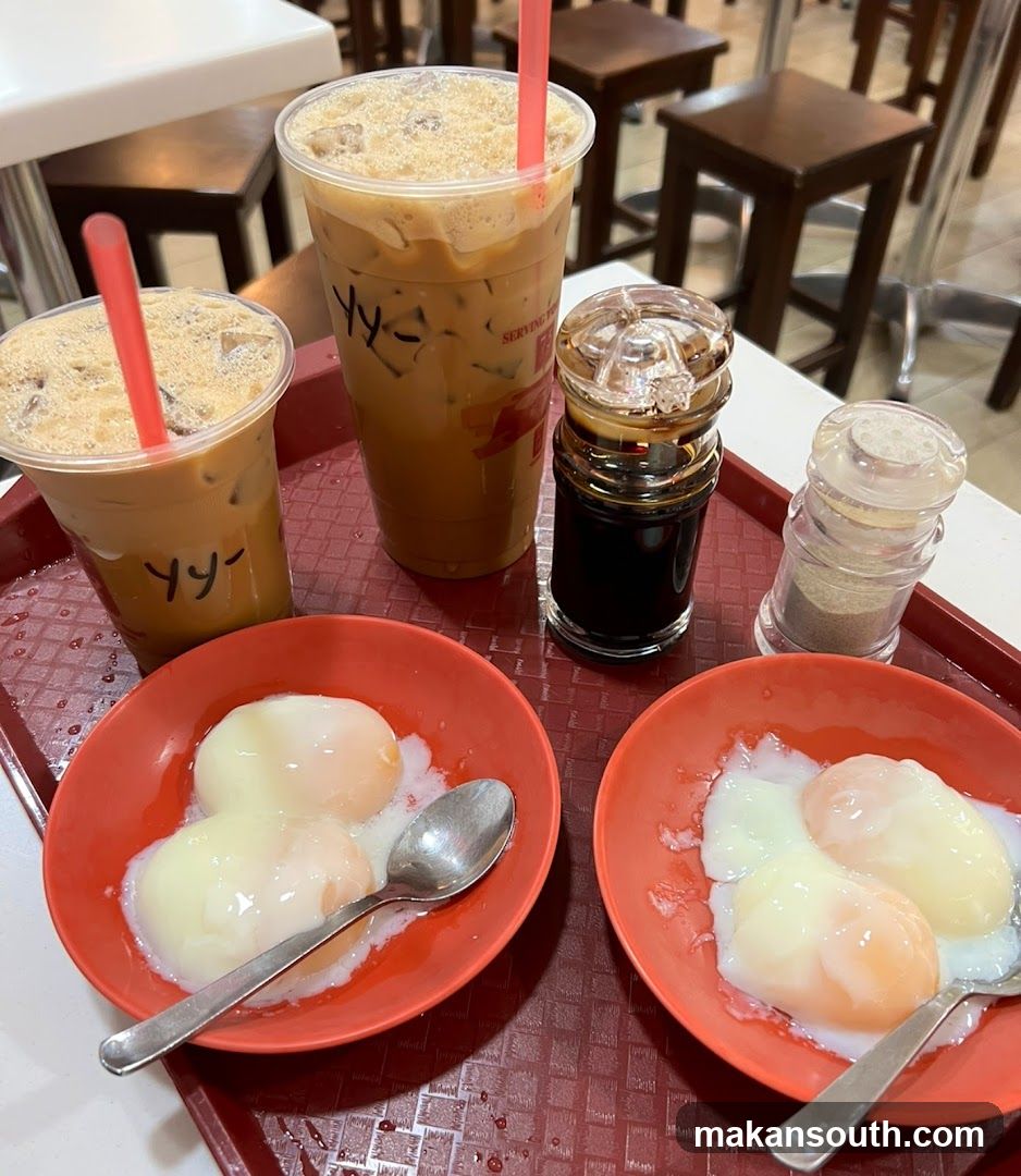 Soft-boiled eggs and iced coffee