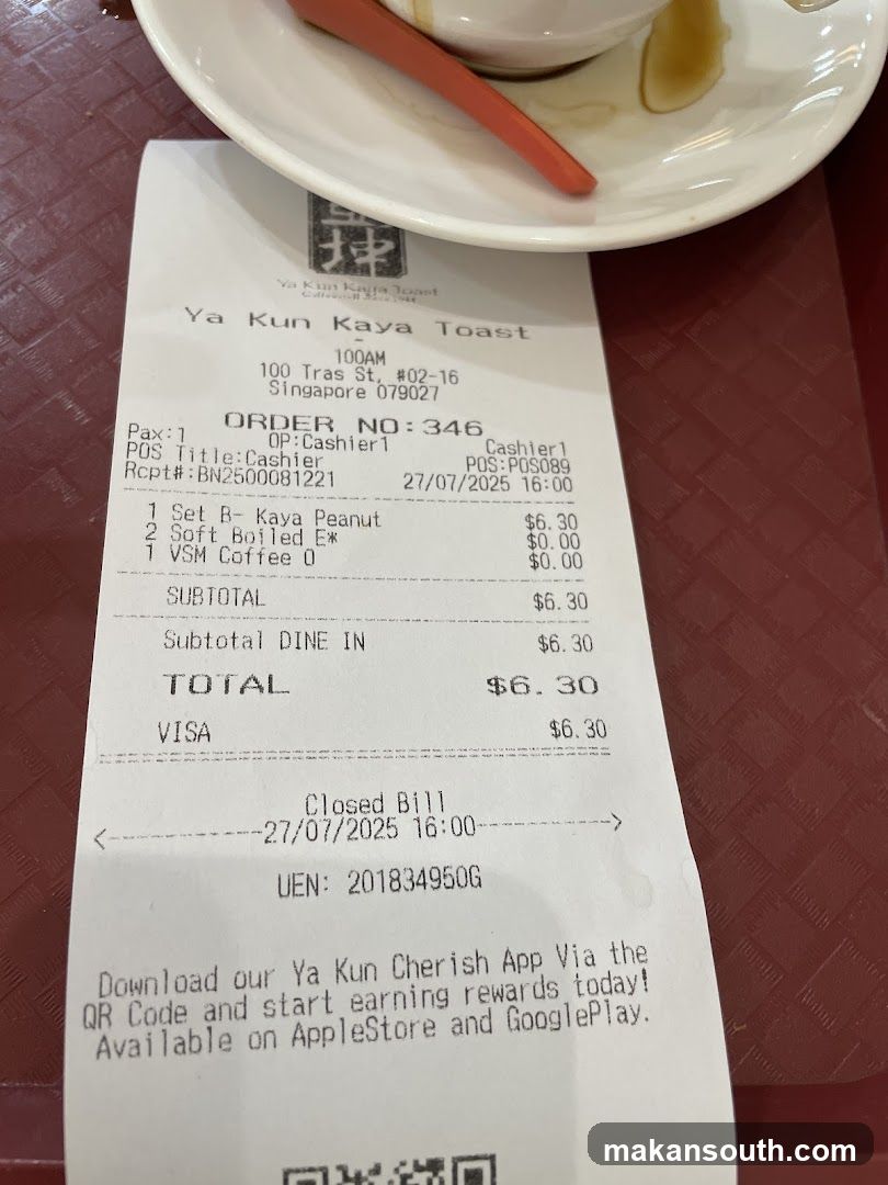 Receipt from Ya Kun Kaya Toast