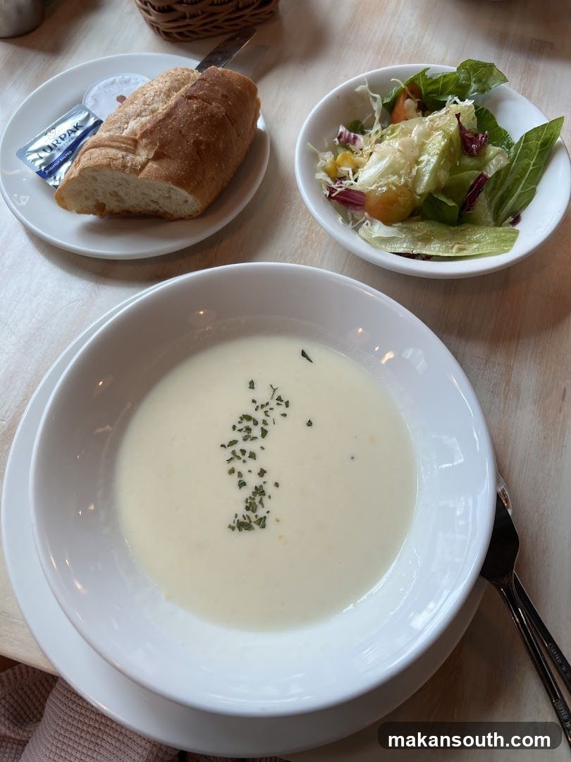 Creamy Soup with Bread and Salad