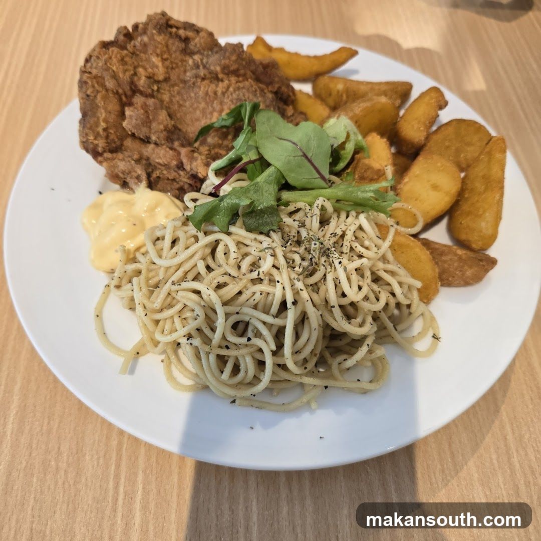 Fried Chicken with Spaghetti and Potato Wedges