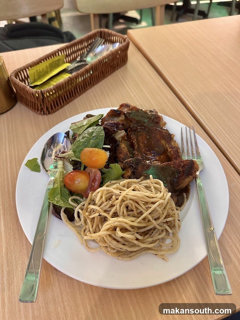 Meal with Meat, Salad, and Pasta