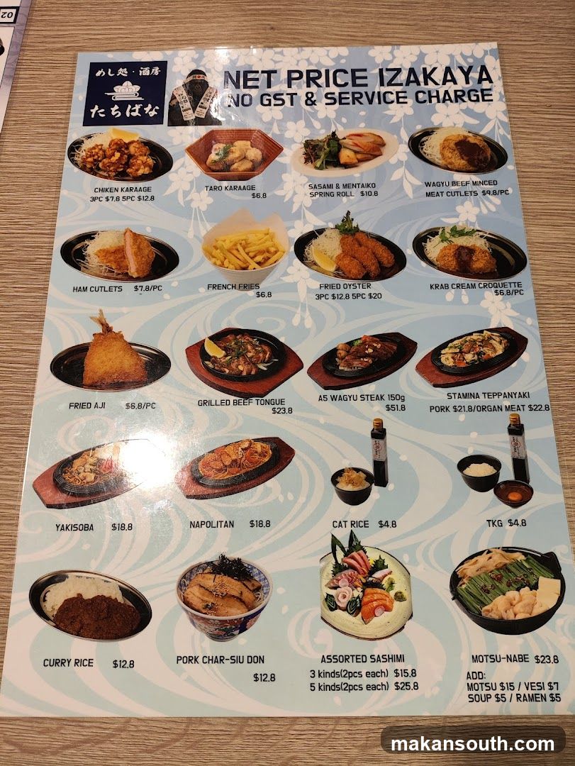 NET PRICE IZAKAYA NO GST & SERVICE CHARGE