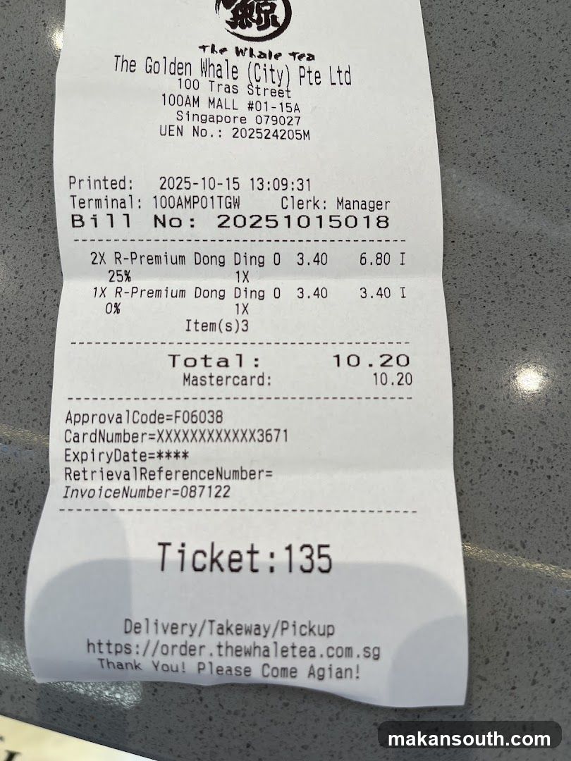 Receipt from The Golden Whale (City) Pte Ltd