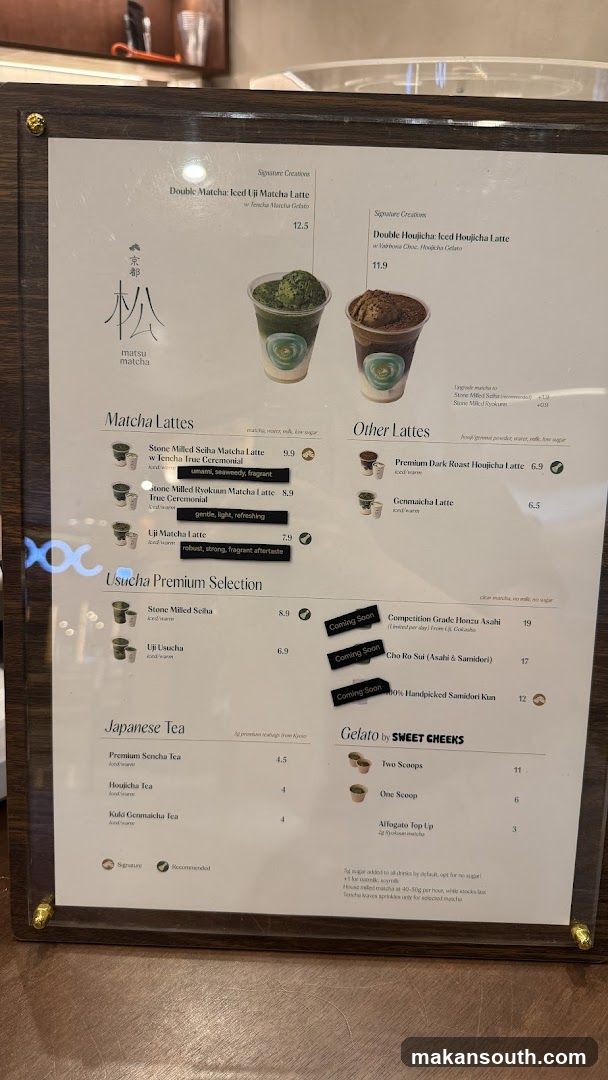 Matcha Lattes and Other Drinks Menu