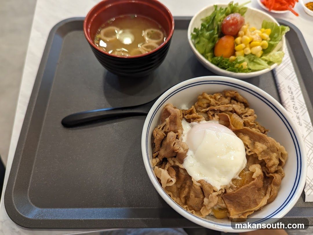 Beef bowl with egg and side salad