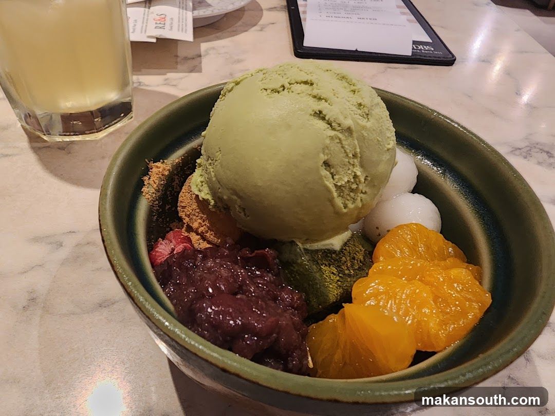 Matcha Dessert with Red Bean and Orange Segments