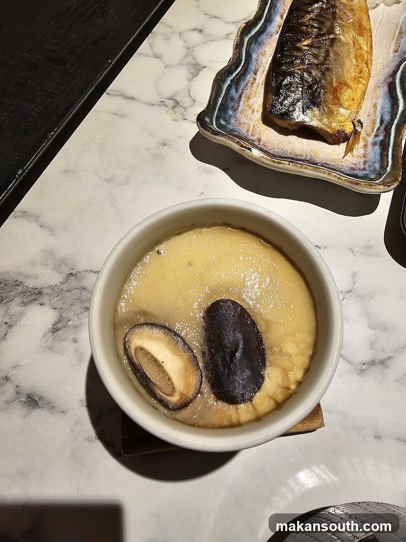 Steamed Custard with Mushrooms and Grilled Fish