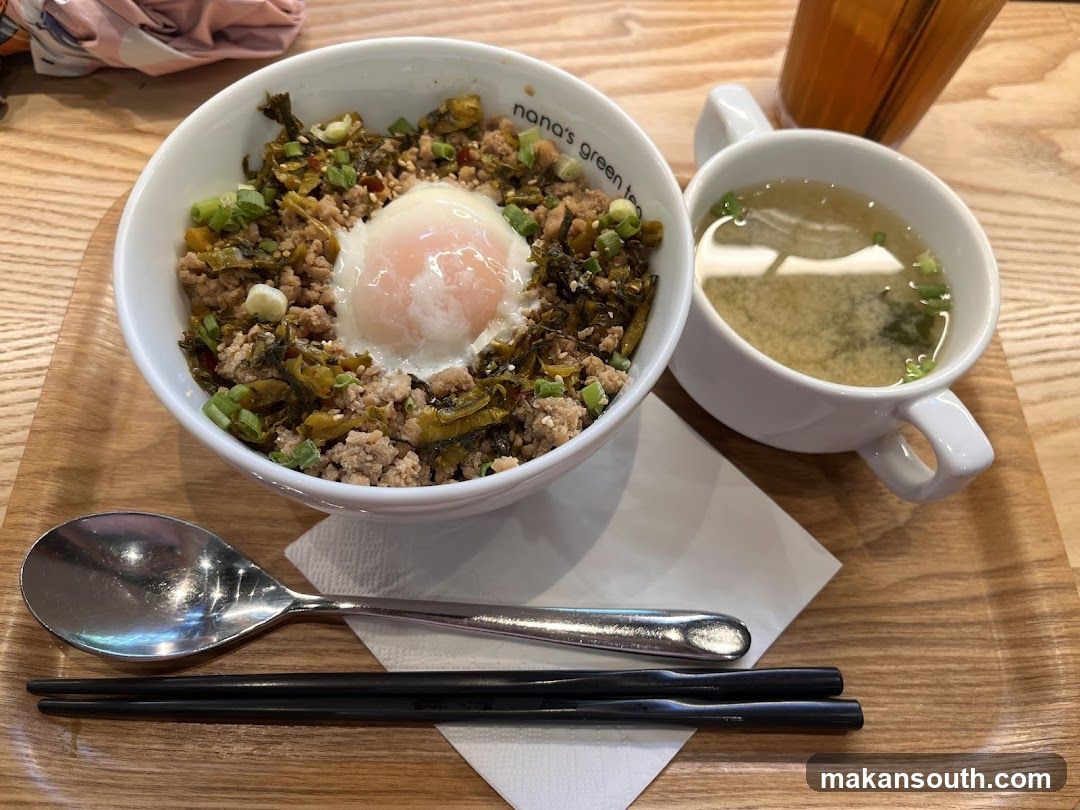 Minced Pork Rice Bowl with Egg and Miso Soup