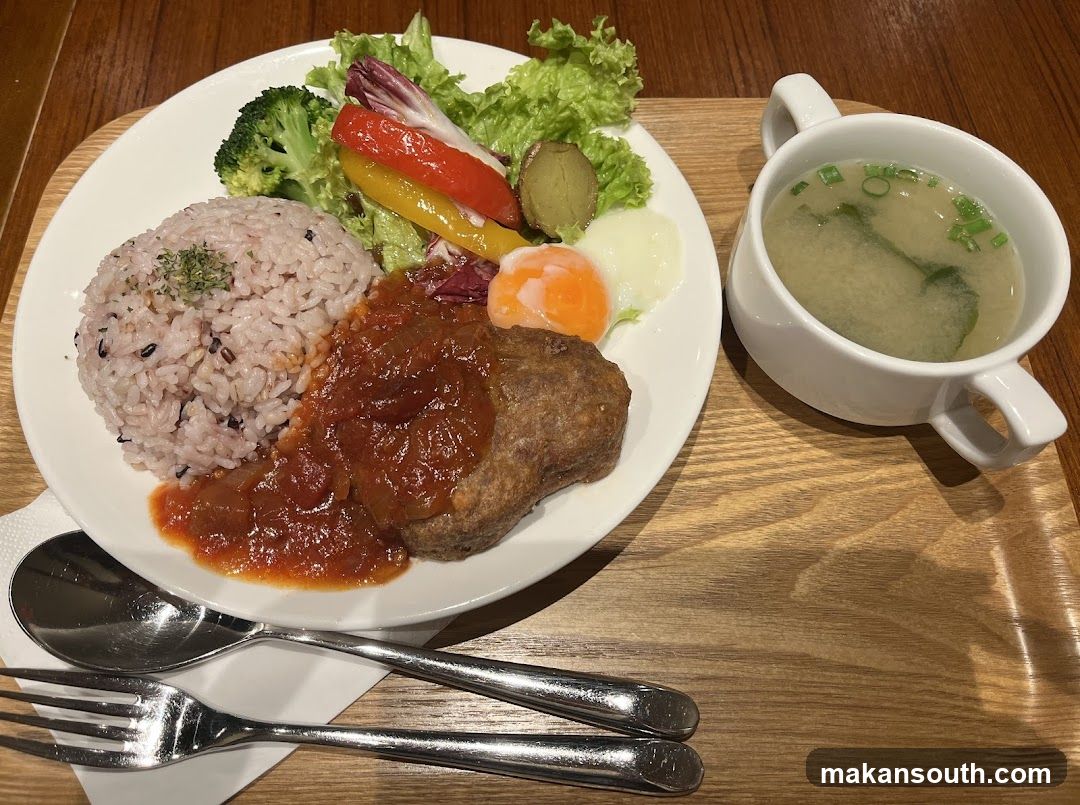 Hamburger steak with rice and miso soup