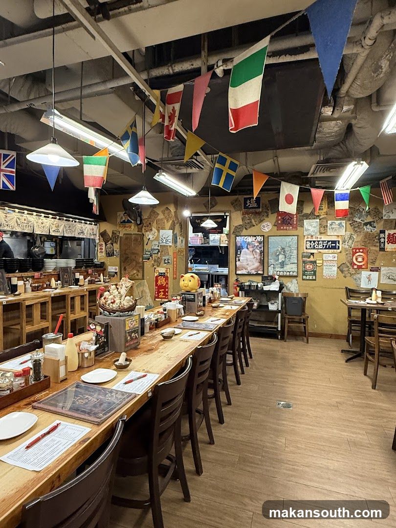 Restaurant Interior with International Flags