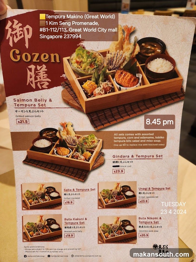 Tempura Makino Gozen Menu