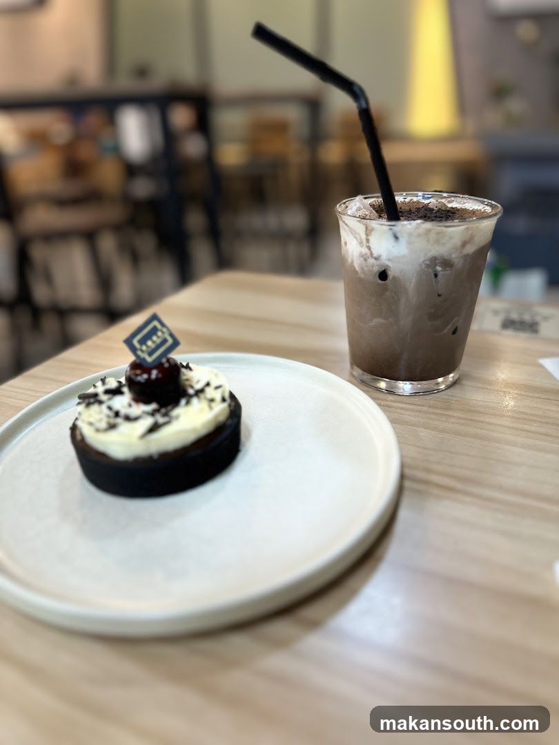Chocolate cake and iced coffee