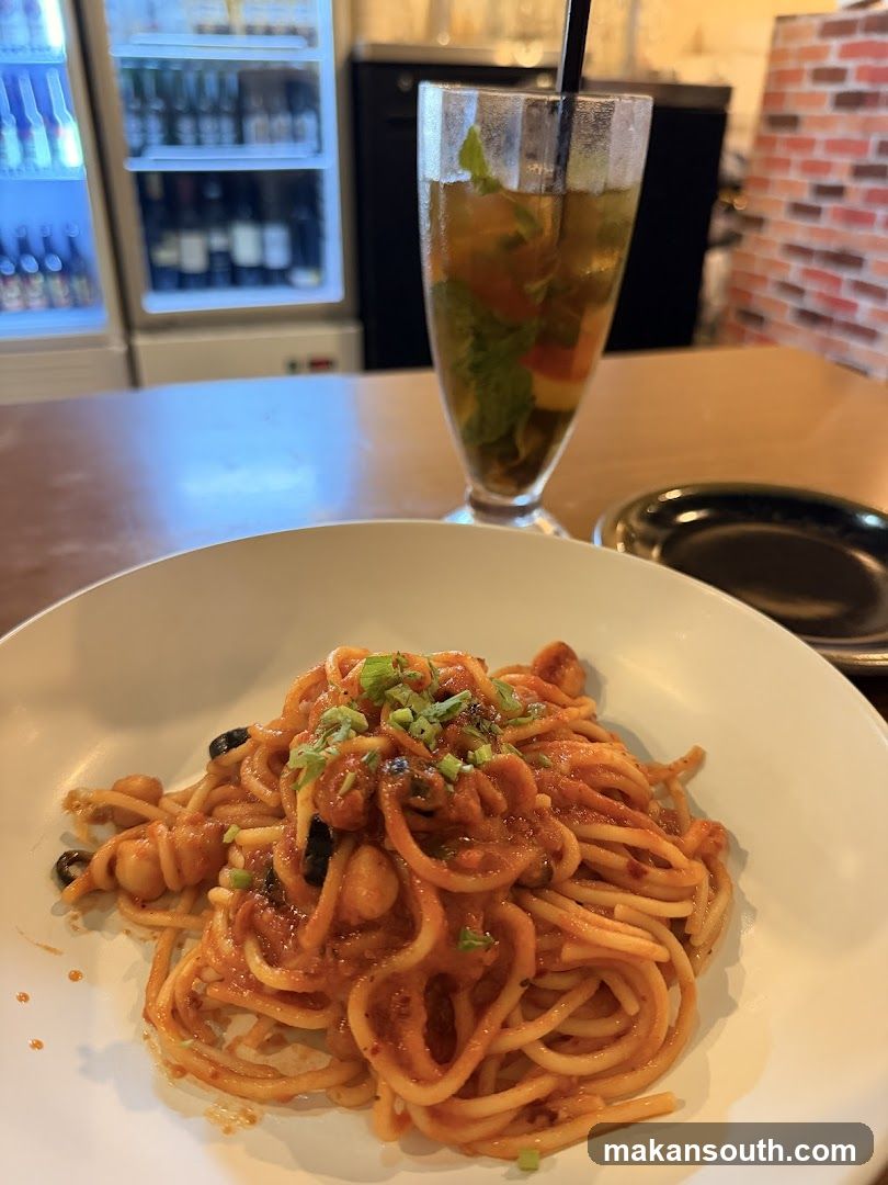 Spaghetti with Seafood and a Drink