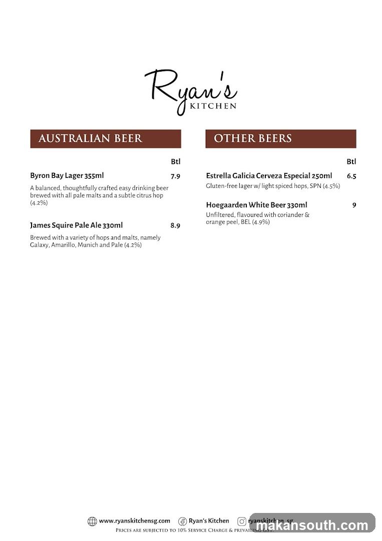 Ryan's Kitchen Beer Menu