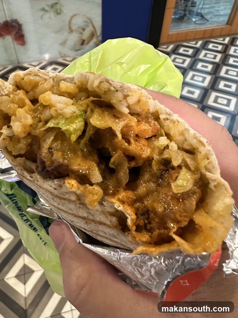 Close-up of a loaded burrito