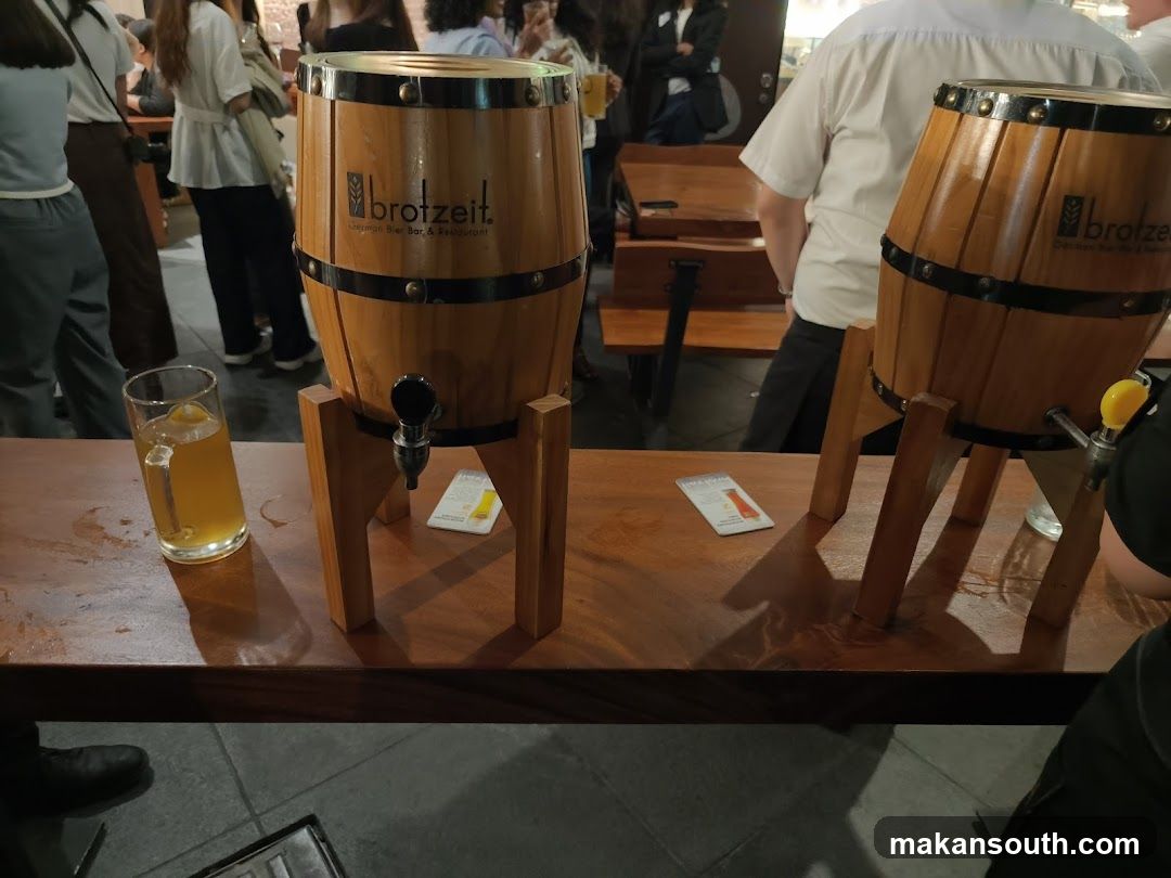 Beer barrels and drinks at a bar