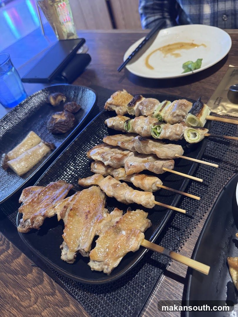 Skewers of grilled meat and mushrooms