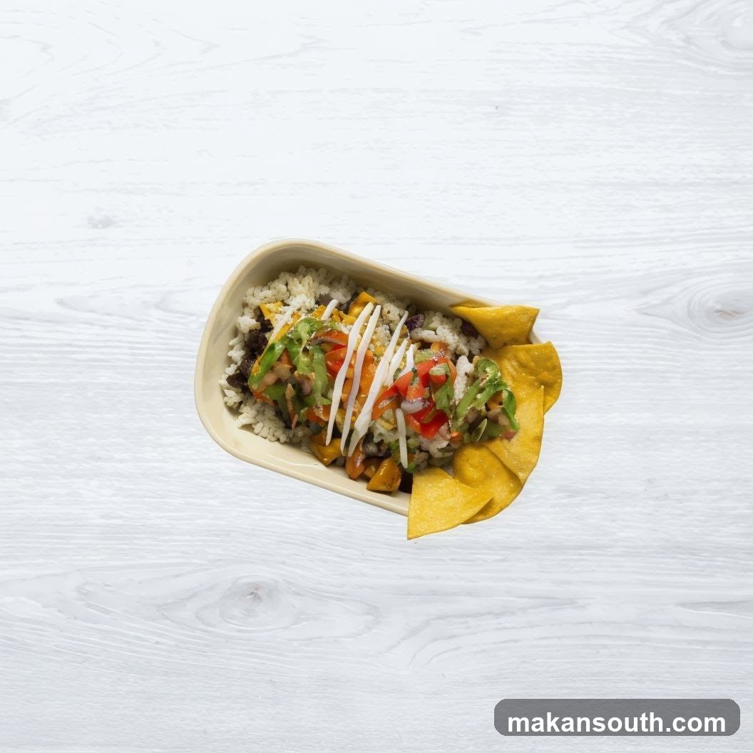 Rice bowl with toppings and chips