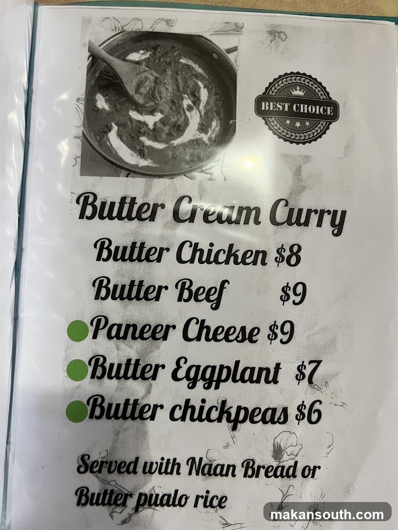 Butter Cream Curry Menu