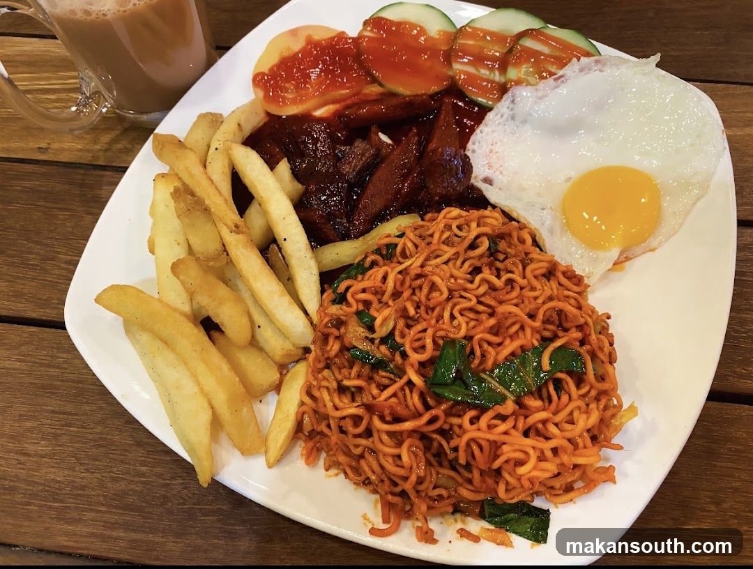 Noodles with Fried Egg and Fries