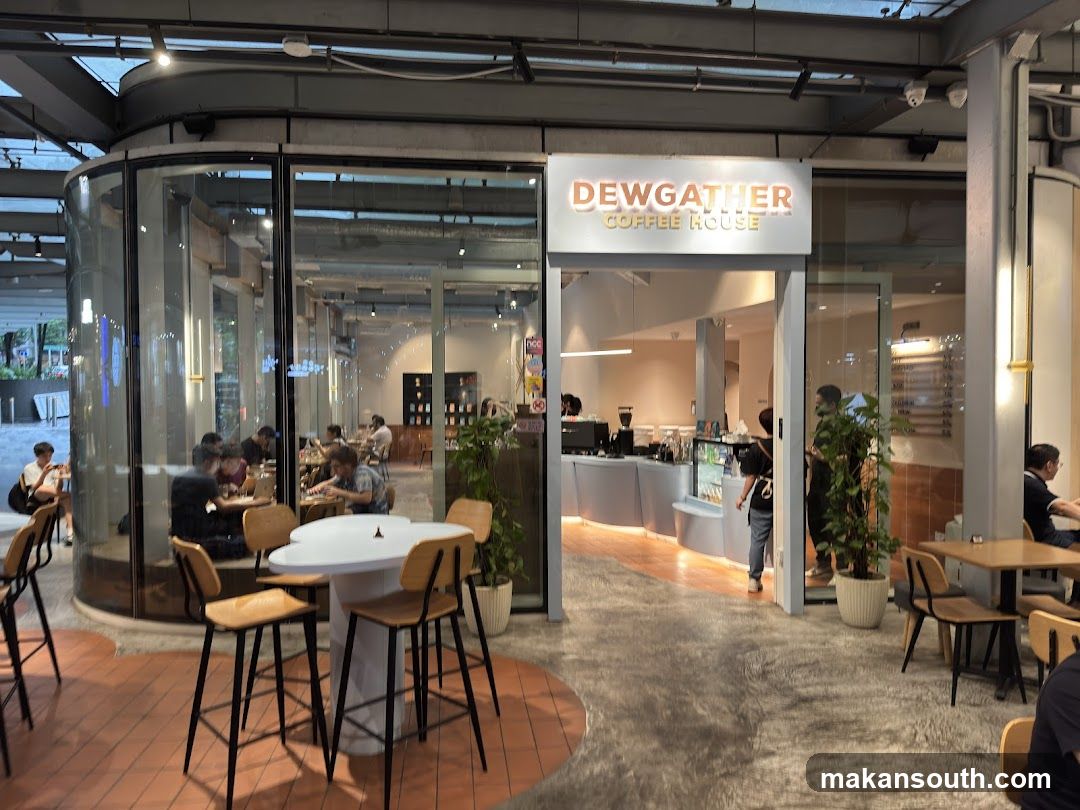 The exterior of Dewgather Coffee House features a modern design with a curved glass facade and a prominent sign above the entrance. Inside, patrons are seated at tables, and a counter area is visible.