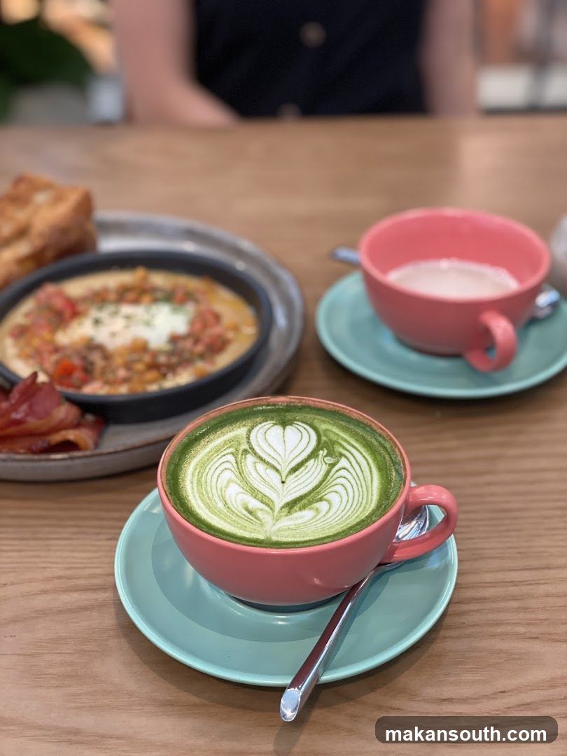 Matcha Latte and Breakfast Dish