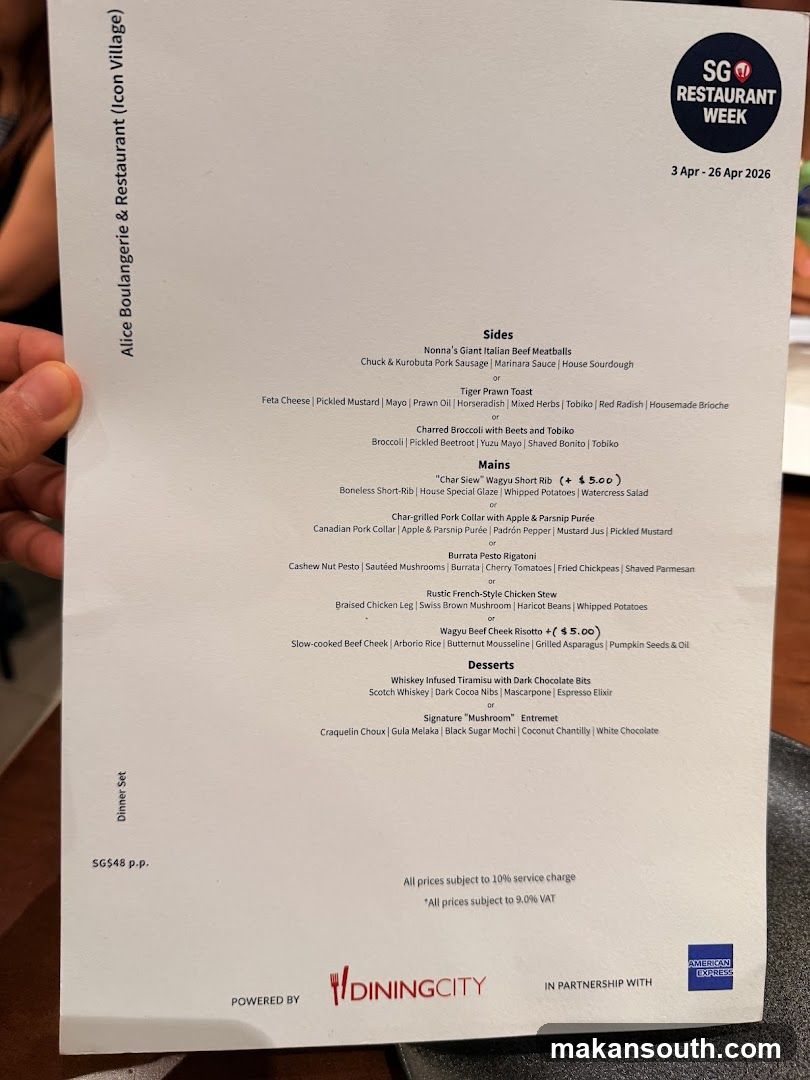 Alice Boulangerie & Restaurant (Icon Village) SG Restaurant Week Menu