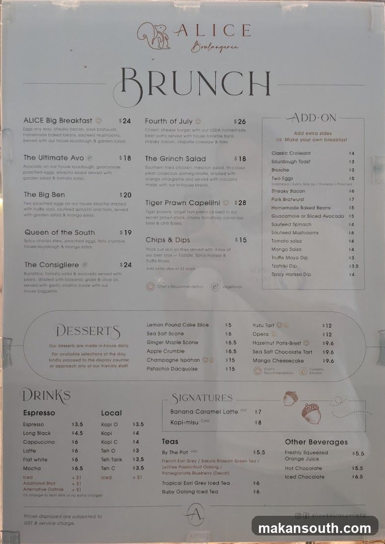 Alice Boulangerie Brunch Menu