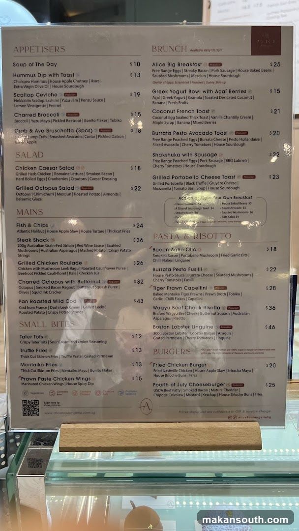 Alice Boulangerie Menu