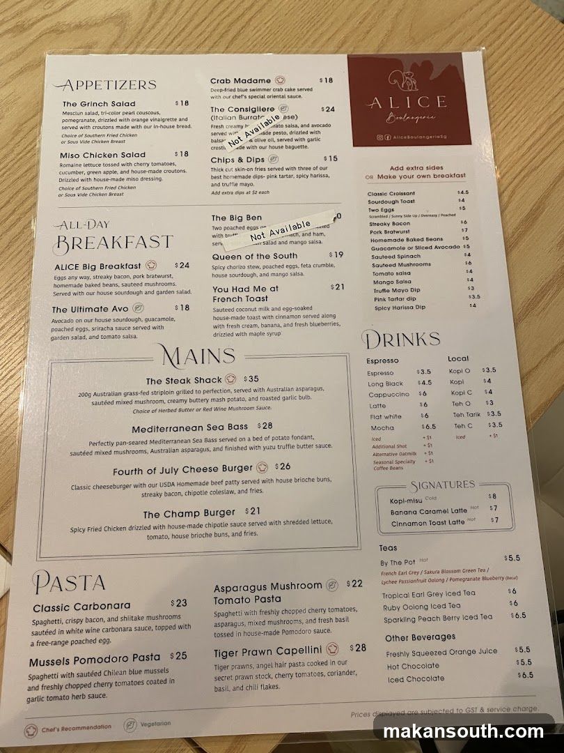 Alice Boulangerie Menu