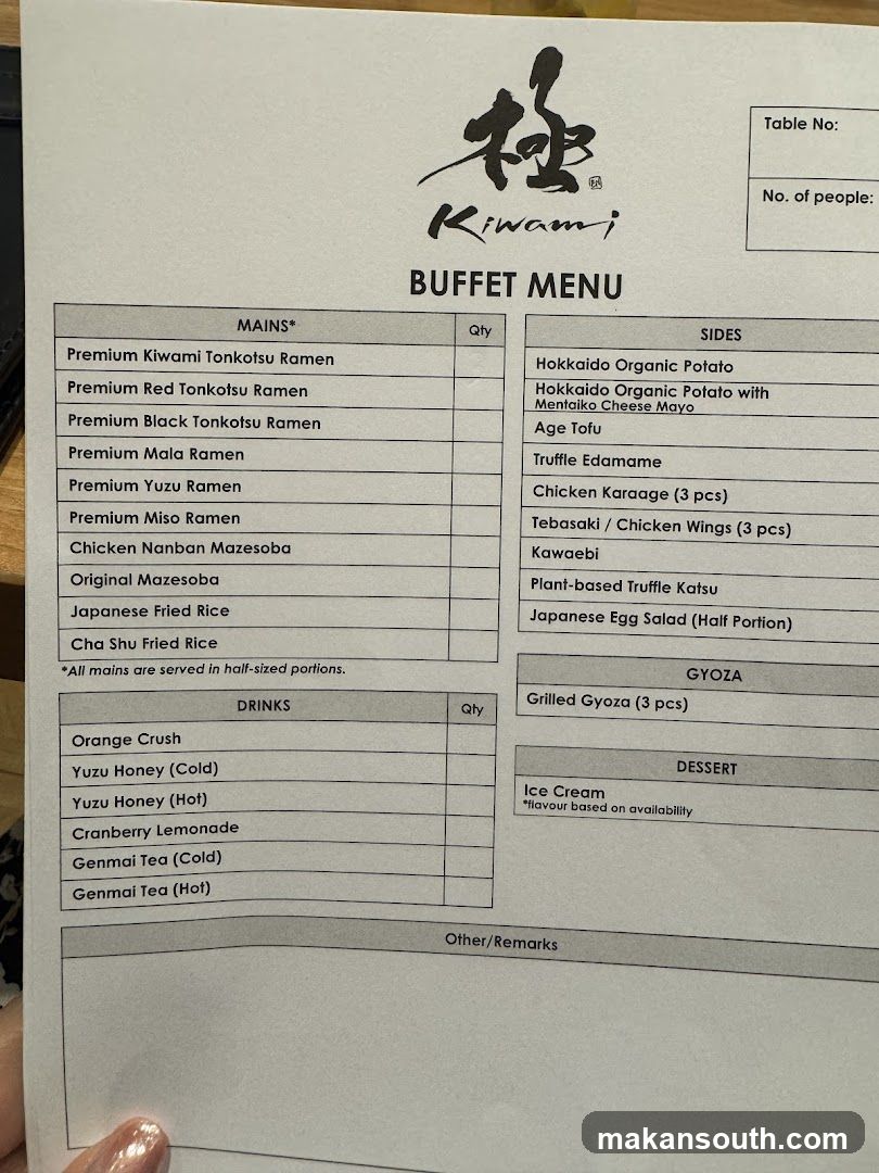Kiwami Buffet Menu