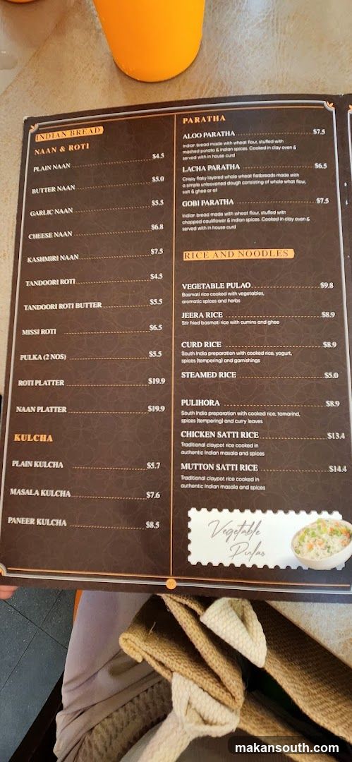 Indian Bread, Paratha, Rice and Noodles Menu
