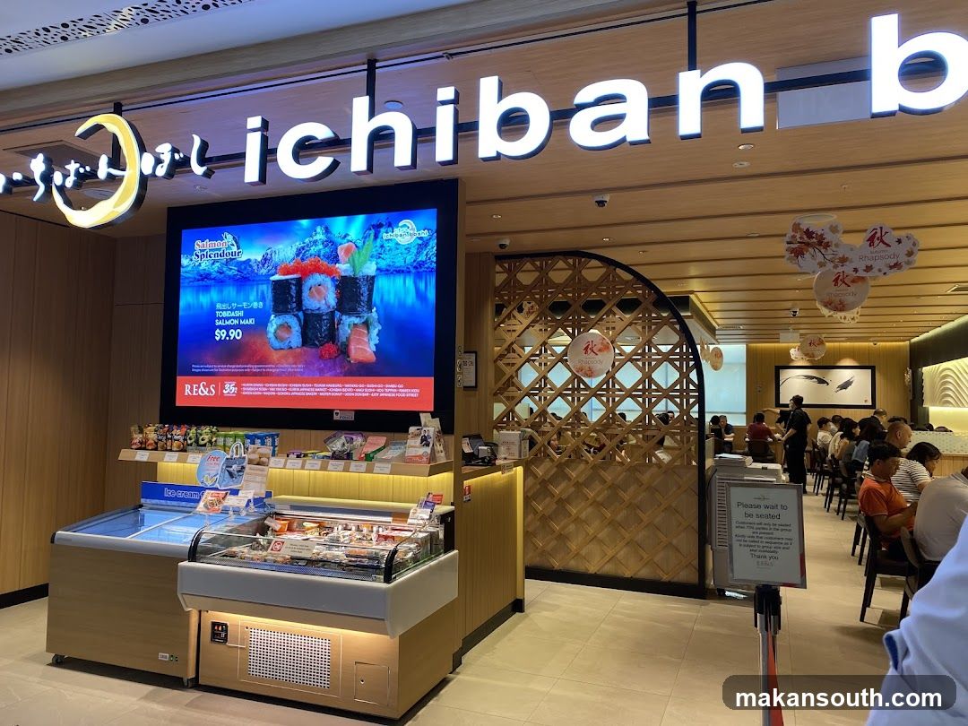 The exterior of a Japanese restaurant with a large digital screen displaying sushi and a sign with the restaurant's name. Refrigerated display cases are visible in the foreground.