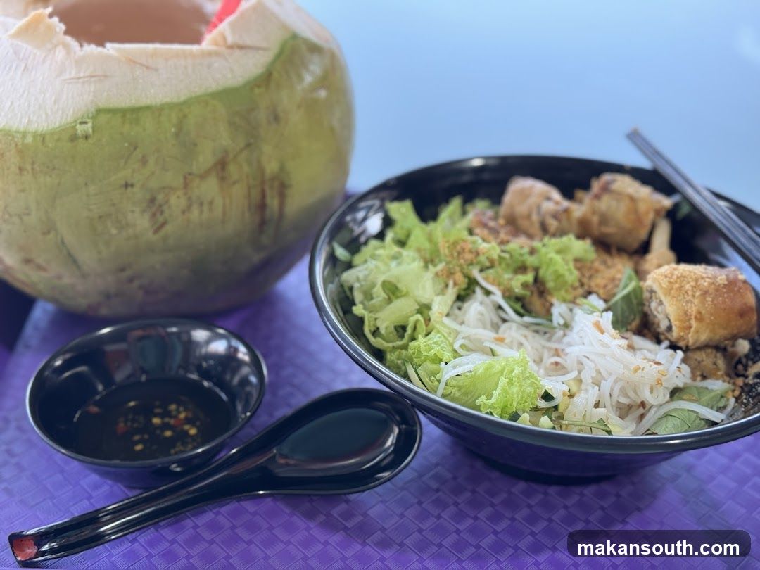Noodle Bowl with Spring Rolls and Coconut