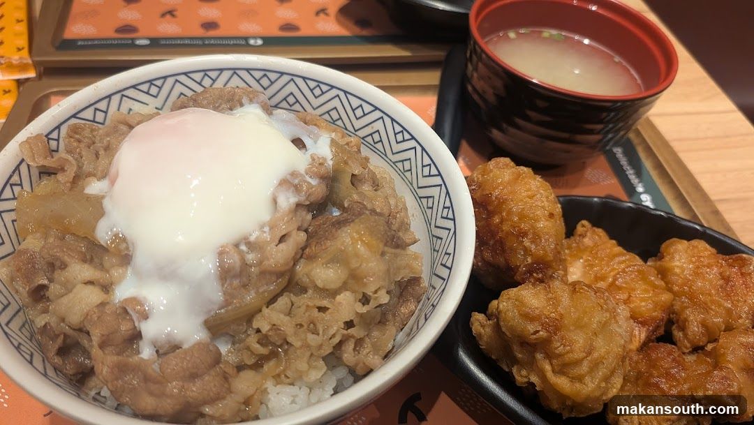 Beef Bowl with Onsen Egg and Fried Chicken