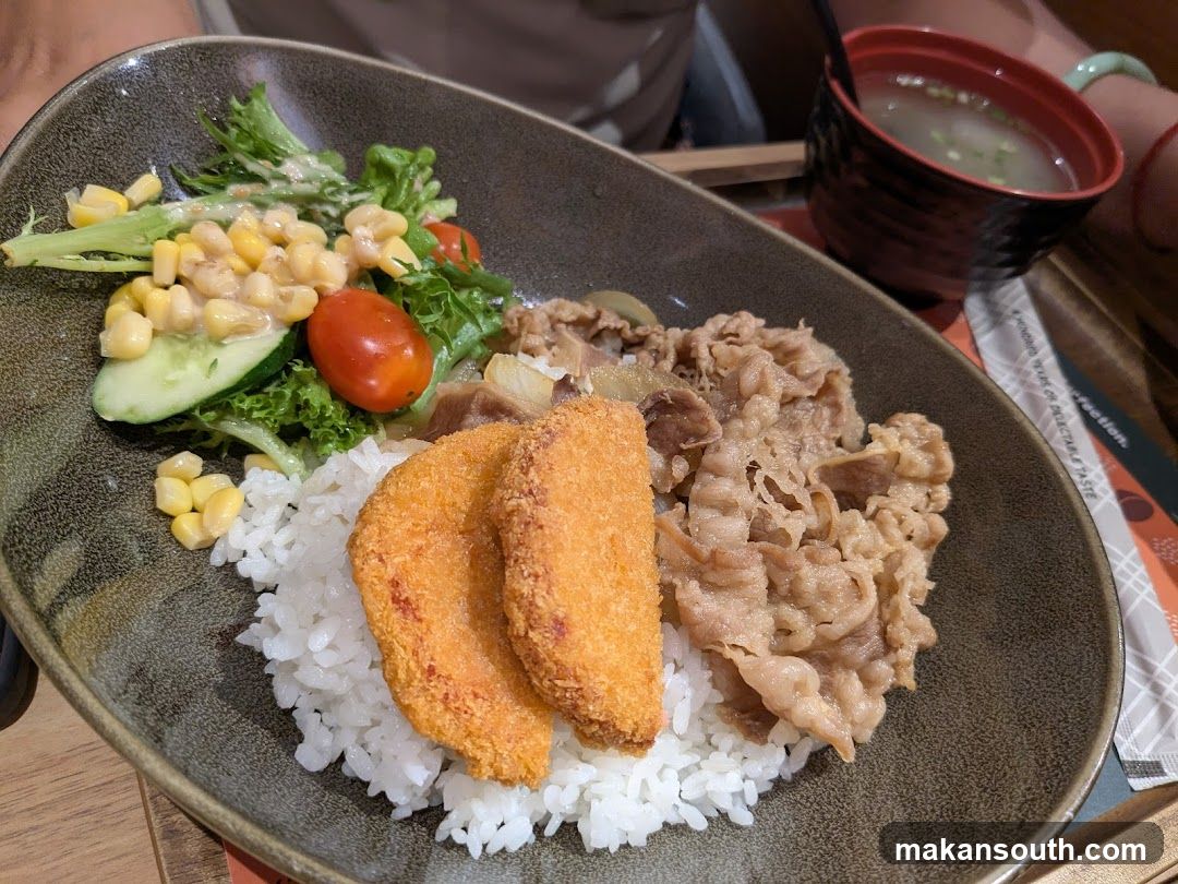 Beef Donburi with Side Salad and Soup
