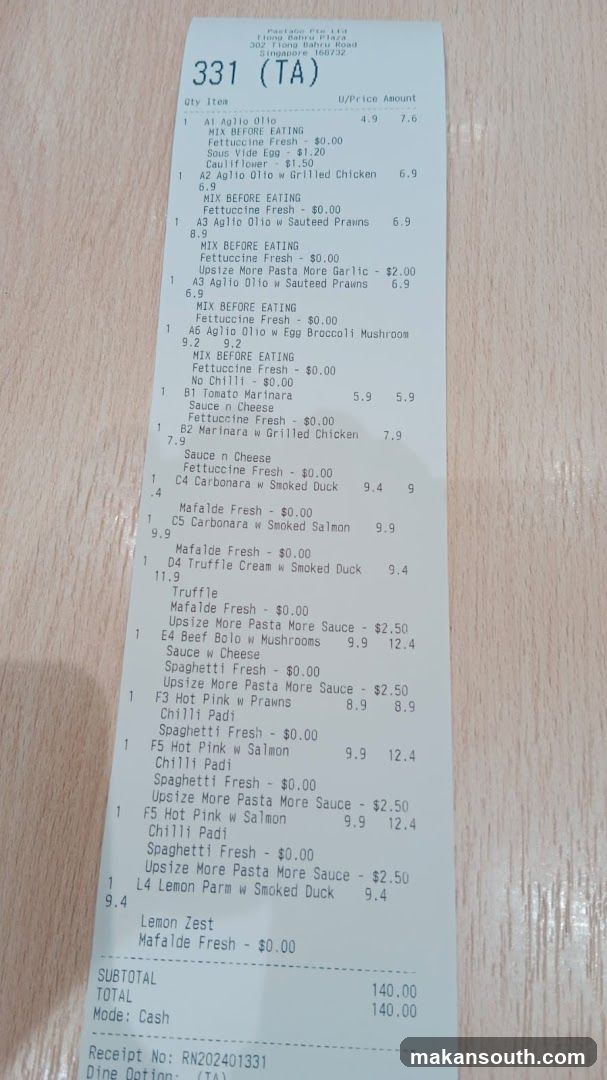 PastaGo Pte Ltd Receipt