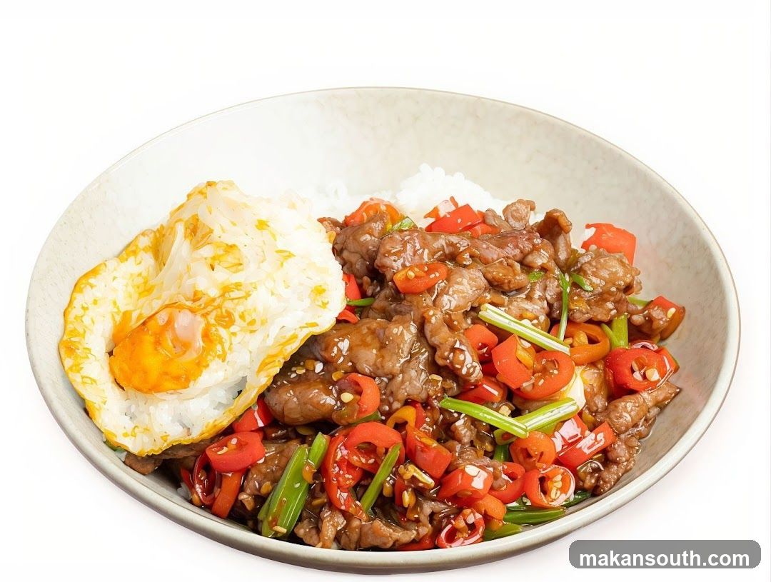 Beef and Chili Stir-fry with Rice and Fried Egg