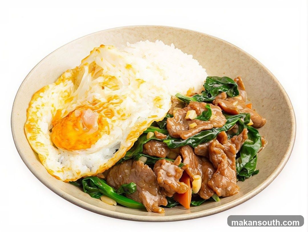 Beef and Greens with Fried Egg and Rice