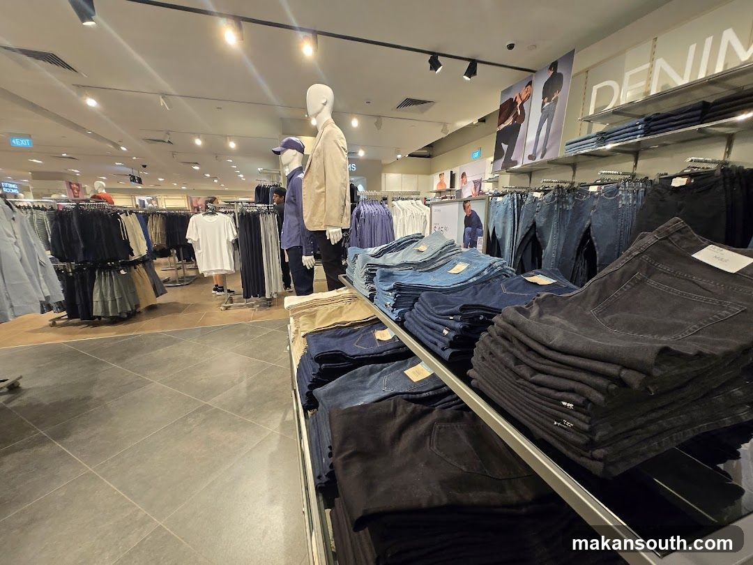 Clothing store interior with denim display