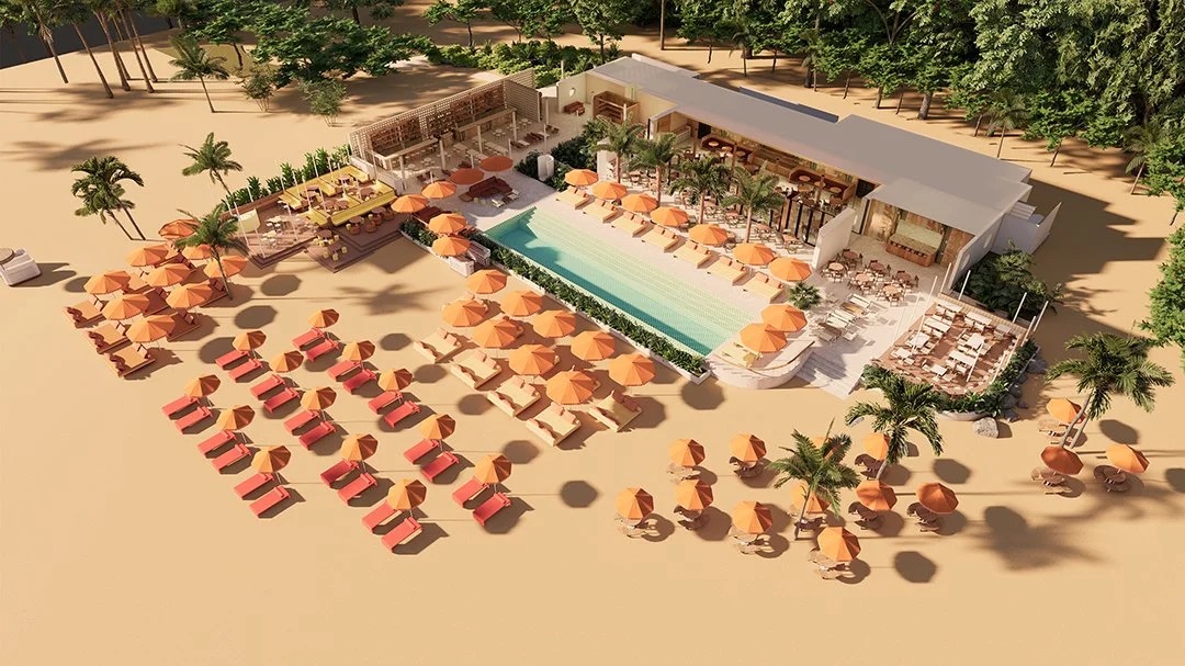 Tanjong Beach Club on Sentosa, home of Fico, with pool and orange umbrellas
