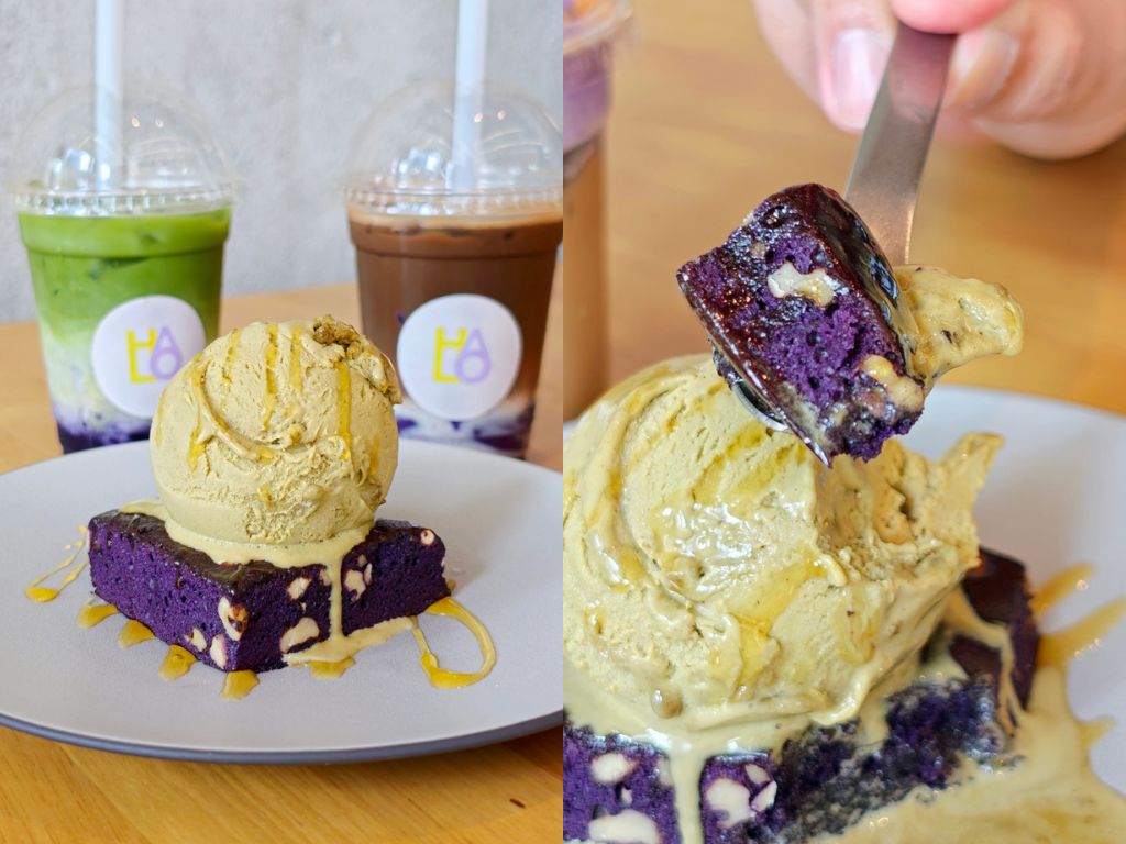 Ube brownie with pistachio gelato at Halo Ube and Matcha 100AM