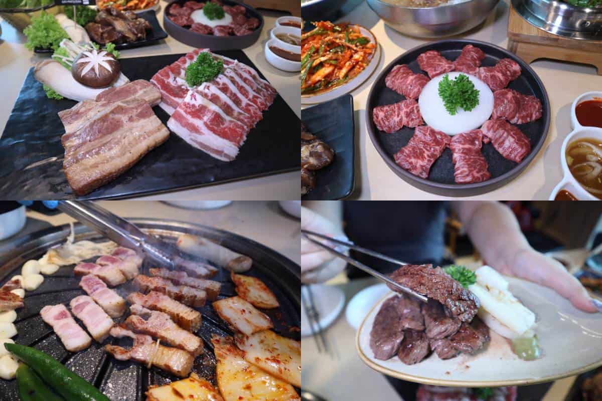 Assorted premium grilled meats on a Korean BBQ charcoal grill at Kott-Don 360 VivoCity, including wet-aged pork and beef cuts