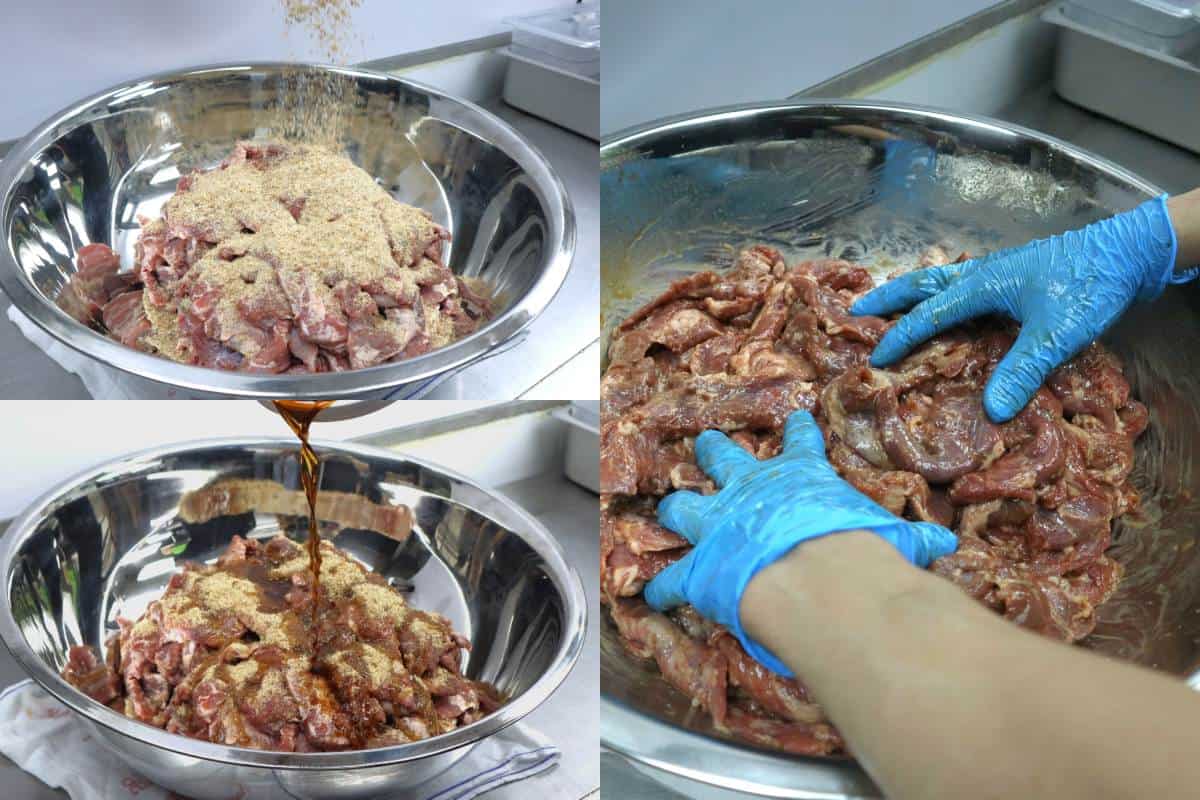 Korean BBQ chef hand-massaging marinated meat, the 30-minute prep technique that Kott-Don 360 applies to its wet-aged pork cuts