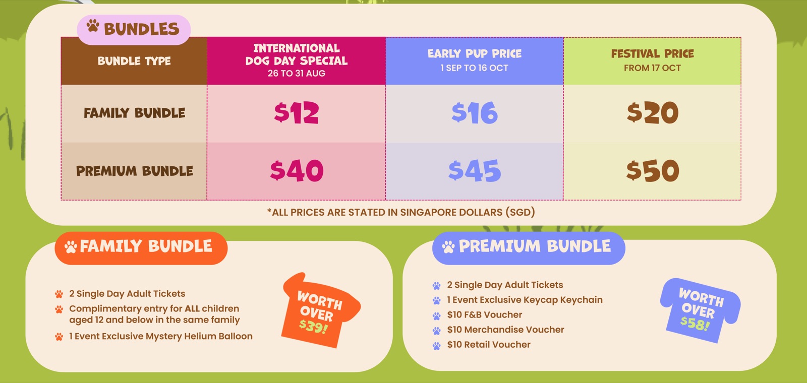 Singapore Dog Festival 2026 family and premium bundle prices at Palawan Green